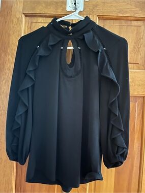 New York & Company Black Ruffle Keyhole High-Neck Blouse